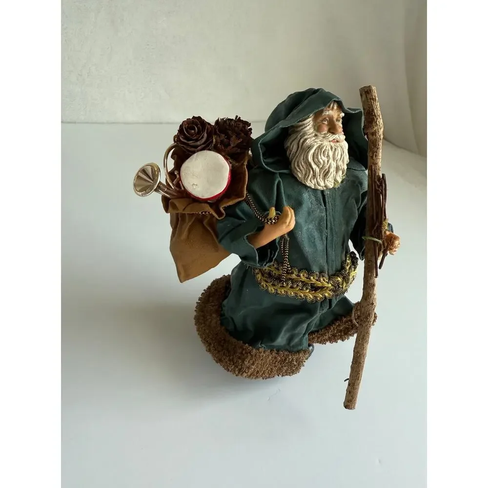 Vintage Paper Mache Santa Green Hooded Robe Toy Sack Old World Christmas 6.5